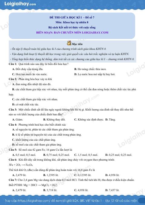 Đề thi giữa kì 1 KHTN 8 Kết nối tri thức - Đề số 7